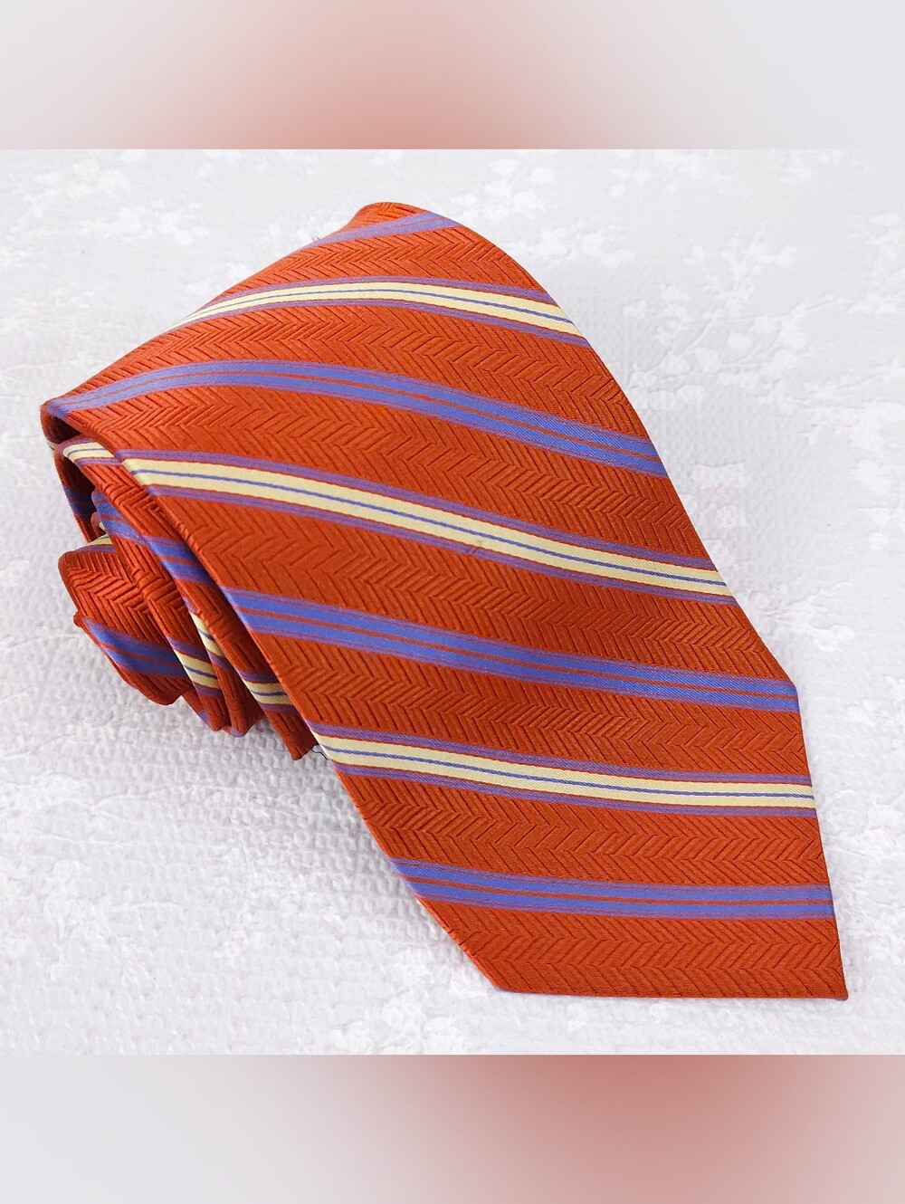 Jhane Barnes Silk Tie Orange Yellow Blue Diagonal Repp Stripes 58" x 3.65"